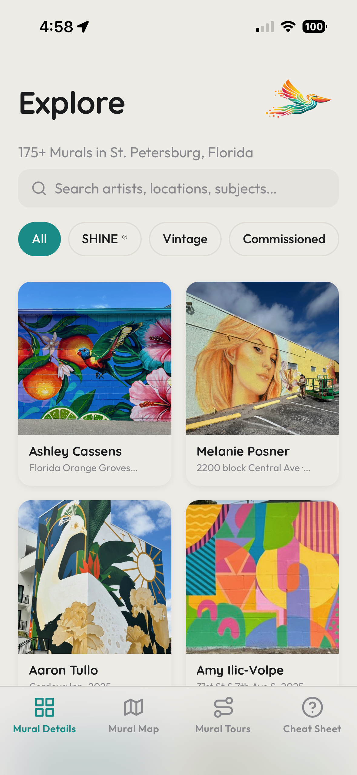 Mural Quest Explore screen — searchable grid of St. Petersburg murals