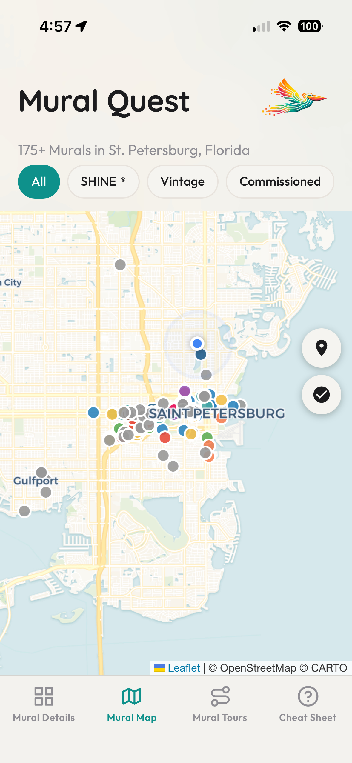 Mural Quest map screen — every mural pinned across St. Petersburg