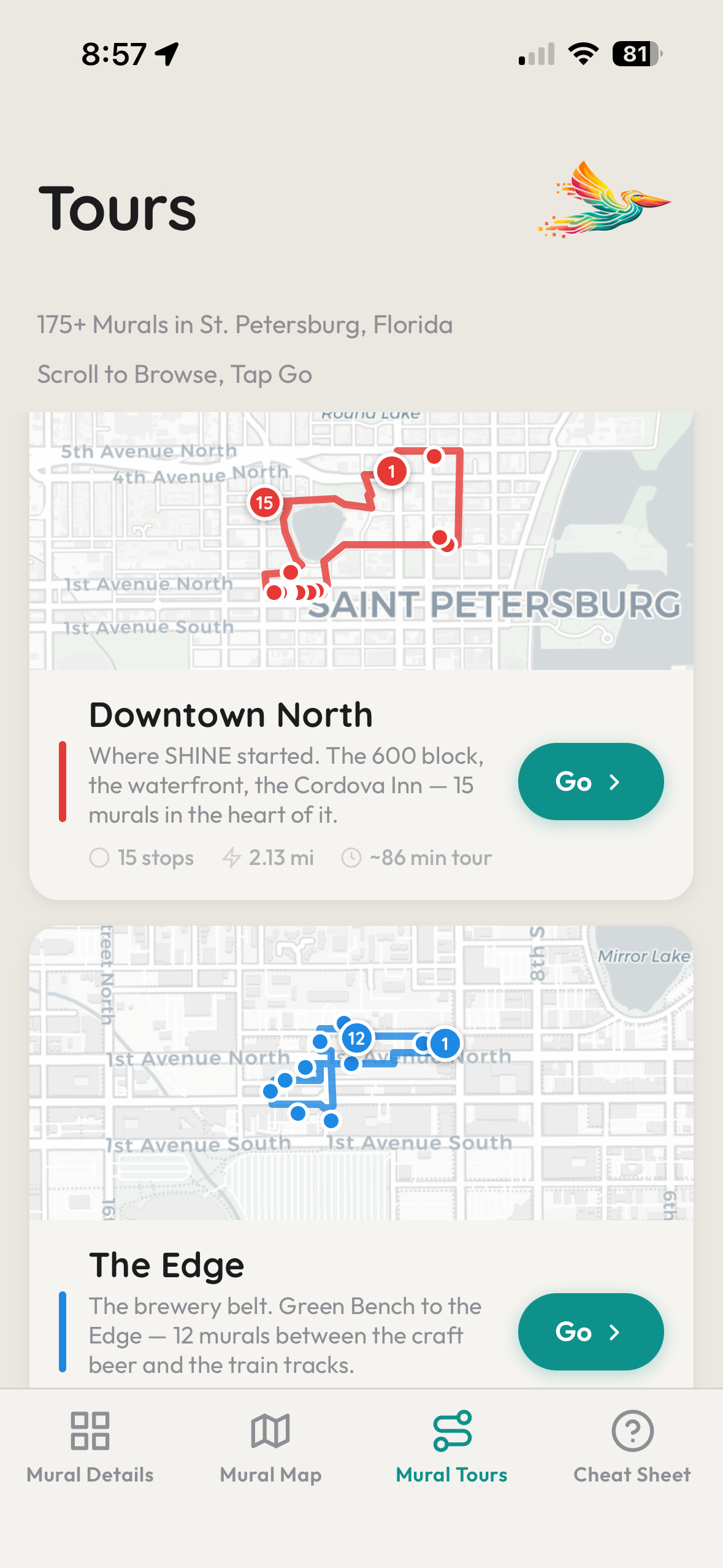 Mural Quest Tours screen — curated walking routes by neighborhood