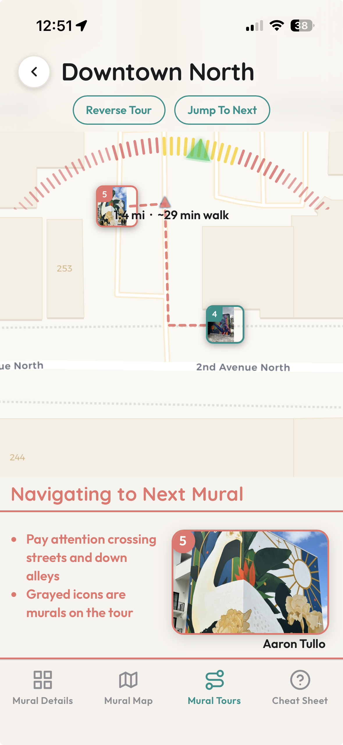 Mural Quest tour view showing route, compass, and next-mural navigation